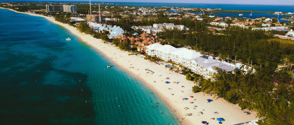 An aerial view of the Seven Mile Beach in Grand Cayman