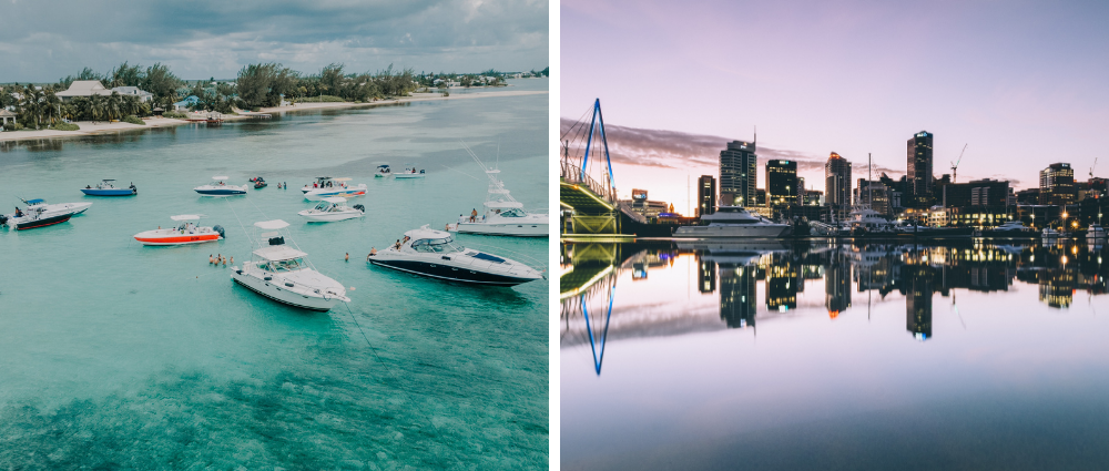 Cayman VS New Zealand - Boats anchored and docked in harbour