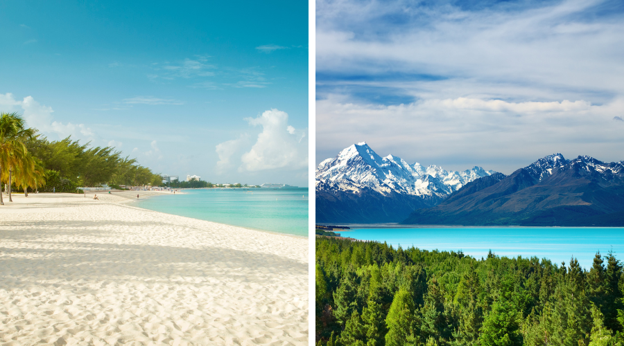 Grand Cayman Vs. New Zealand - landscape mountains and beach