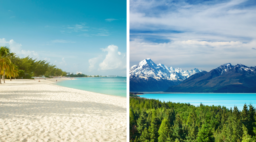 New Zealand Mountains and The Cayman Islands Beaches